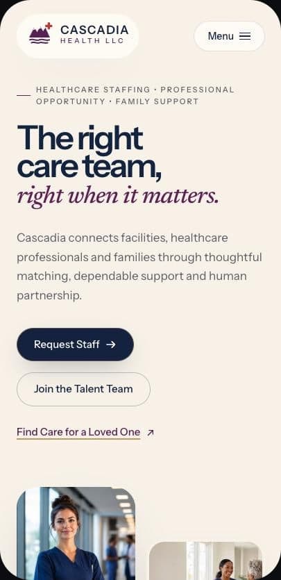 Cascadia Health homepage on mobile