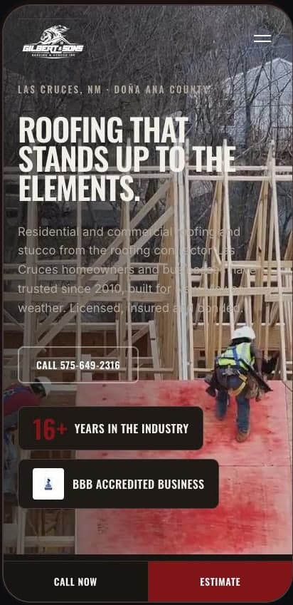 Gilbert & Sons roofing homepage on mobile