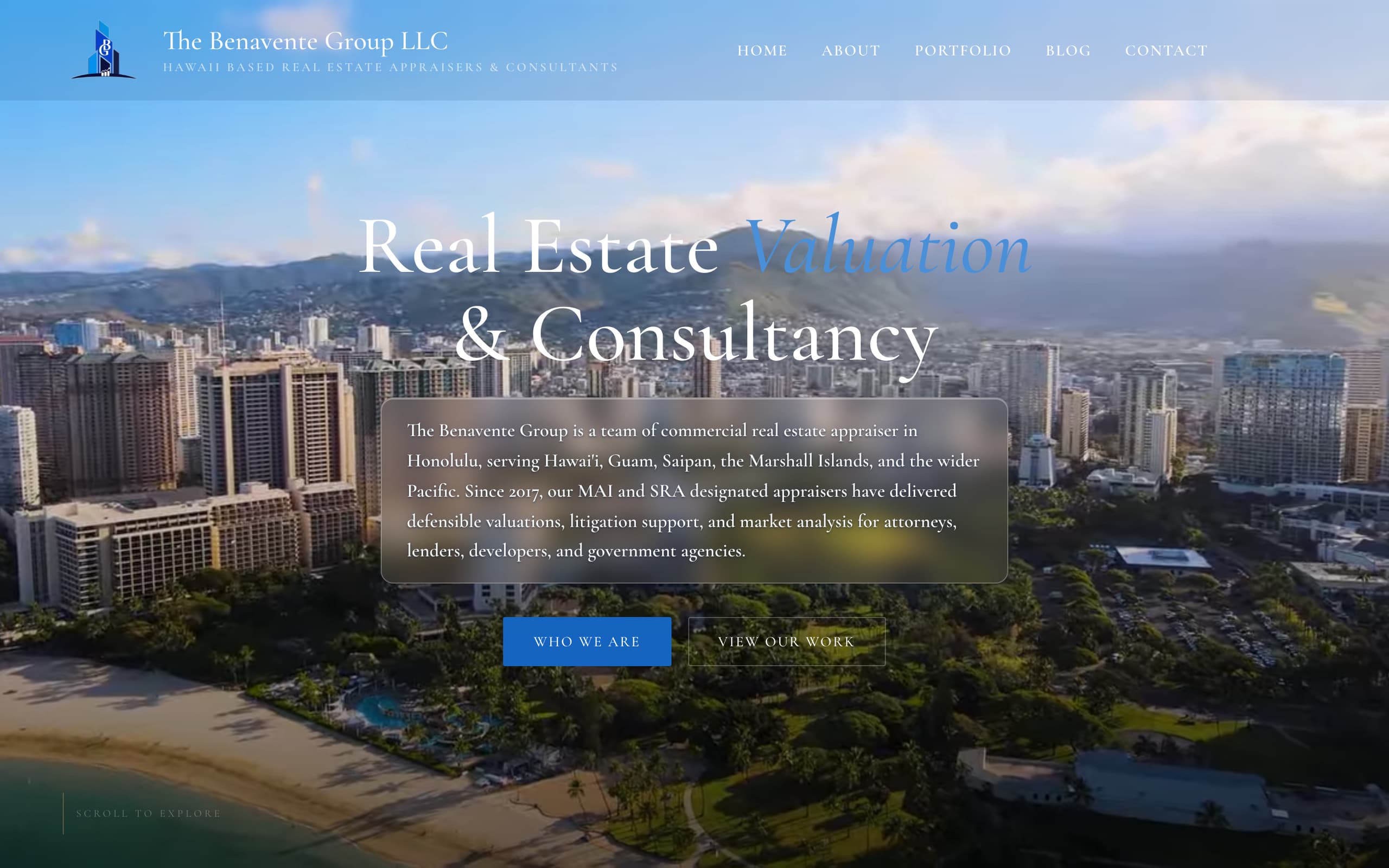 The Benavente Group website homepage: real estate valuation and consultancy over Honolulu