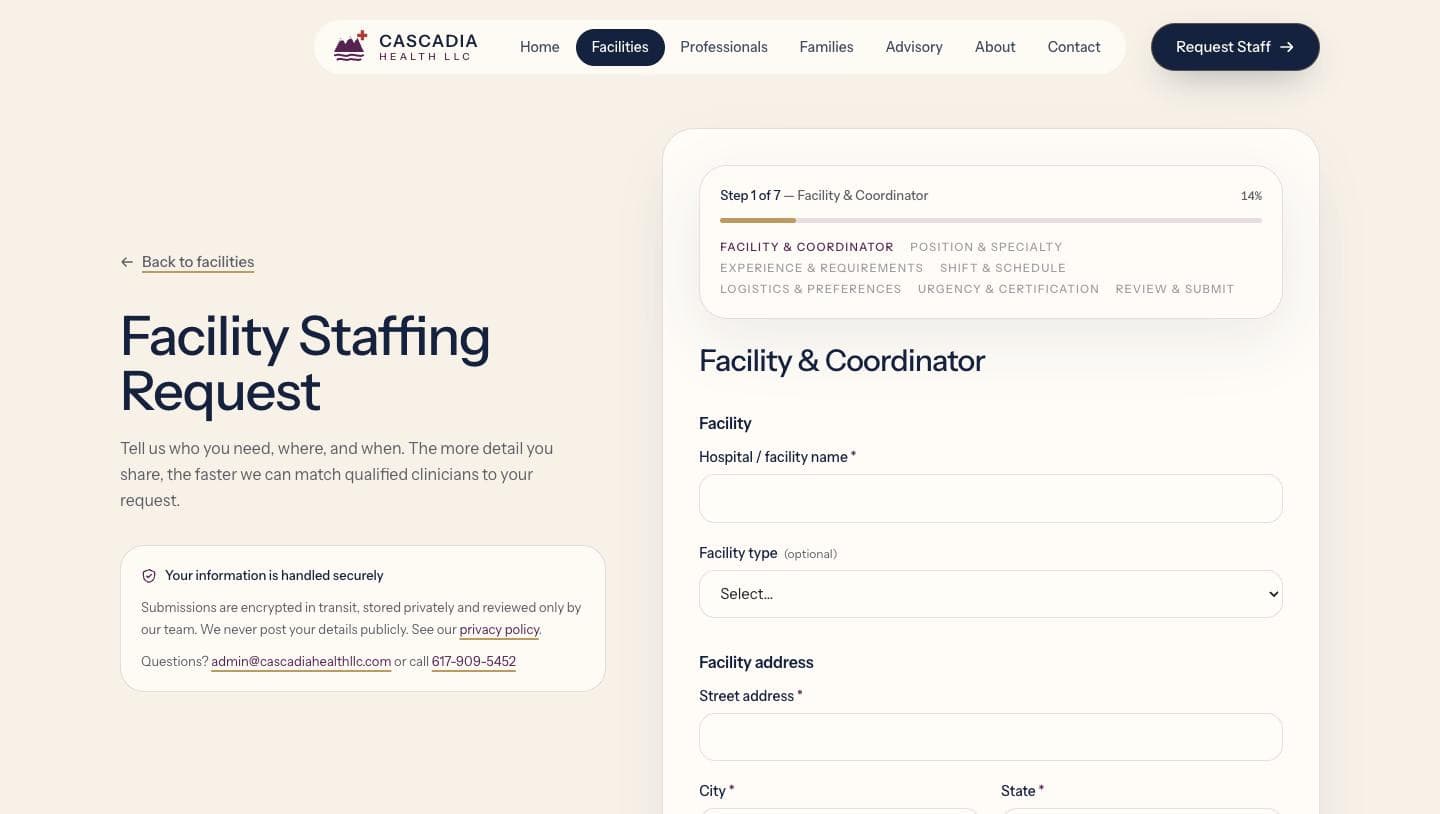 Cascadia Health facility staffing request, step 1 of 7