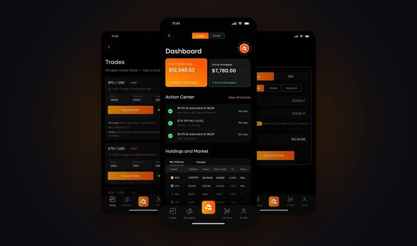 Quantiva HQ app screens: open trade ideas, the portfolio dashboard and the order ticket